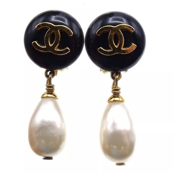 Chanel Artificial Pearl Dangle Earrings Clip-On Black Gold 97A 160713 - Picture 1 of 4